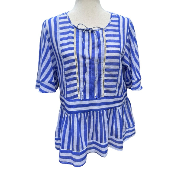 Oliphant Tops - Oliphant Blue White Stripe Peplum Top M Feminine Coastal Boho Cotton Shirt